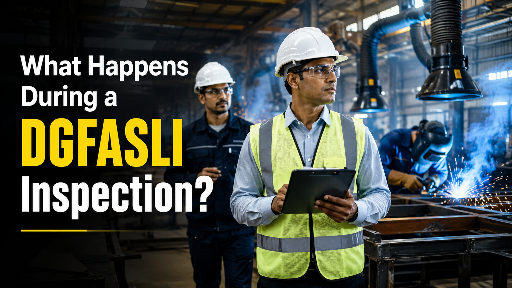 The Inspector Walkthrough — My Top Pick A professional safety inspector in a white hard hat walking through an active welding facility, holding a clipboard/tablet. Bright welding sparks in the background, visible fume extraction arms overhead, with a supervisor slightly behind him.